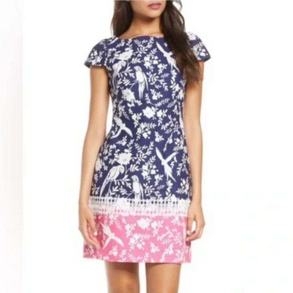 ELIZA J navy & pink parrot sheath dress, Sz 6.